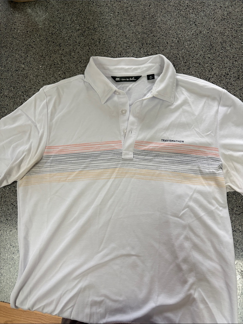 Travis Mathew Performance White Polo with Coral, Gray & Cream Stripes, soz M